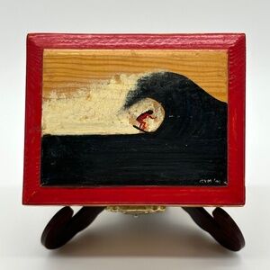 Wood Trinket Box Painted Surfer On Large Wave Signed Vintage